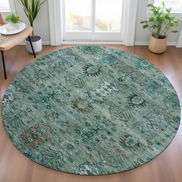 HomeRoots 8' Vibrant Green and Teal Round Tribal Area Rug – Washable, Indoor/Outdoor, Durable & Stylish Decor 630155