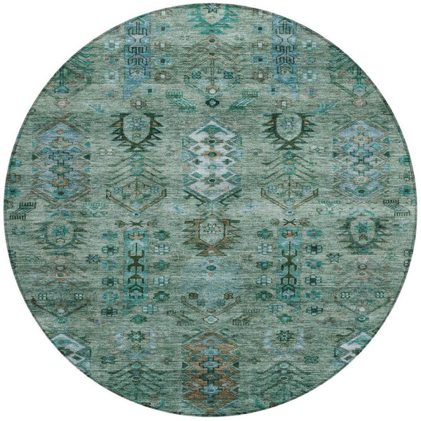 HomeRoots 8' Vibrant Green and Teal Round Tribal Area Rug – Washable, Indoor/Outdoor, Durable & Stylish Decor 630155