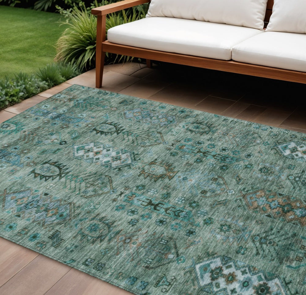 HomeRoots 8' X 10' Vibrant Green and Teal Tribal Indoor-Outdoor Rug – Durable, Washable, Stylish Comfort! 630156