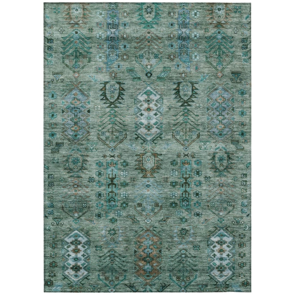 HomeRoots 8' X 10' Vibrant Green and Teal Tribal Indoor-Outdoor Rug – Durable, Washable, Stylish Comfort! 630156