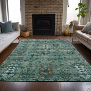 HomeRoots 8' X 10' Vibrant Green and Teal Tribal Indoor-Outdoor Rug – Durable, Washable, Stylish Comfort! 630156
