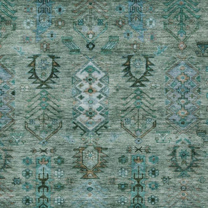 HomeRoots 9' X 12' Green and Teal Blue Tribal Washable Area Rug - Stylish, Durable Design for Indoor/Outdoor Use! 630157