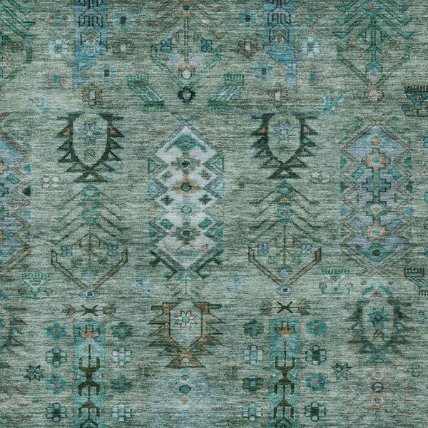 HomeRoots 9' X 12' Green and Teal Blue Tribal Washable Area Rug - Stylish, Durable Design for Indoor/Outdoor Use! 630157