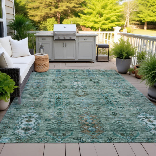 HomeRoots 9' X 12' Green and Teal Blue Tribal Washable Area Rug - Stylish, Durable Design for Indoor/Outdoor Use! 630157