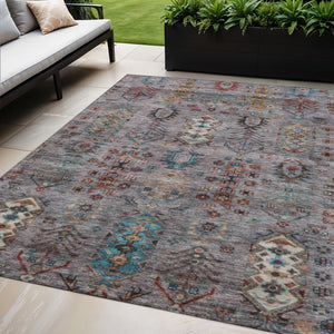 HomeRoots 5' Versatile Gray and Teal Blue Tribal Indoor-Outdoor Area Rug - Stylish, Durable, and Washable! 630160