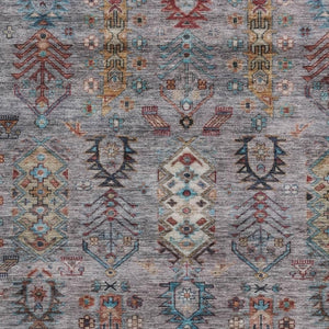 HomeRoots 5' Versatile Gray and Teal Blue Tribal Indoor-Outdoor Area Rug - Stylish, Durable, and Washable! 630160