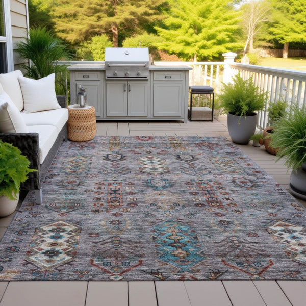 HomeRoots 5' Versatile Gray and Teal Blue Tribal Indoor-Outdoor Area Rug - Stylish, Durable, and Washable! 630160