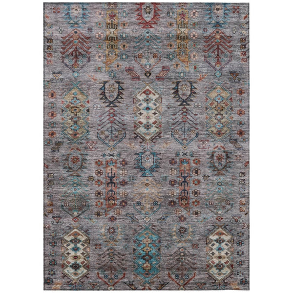 HomeRoots 5' Versatile Gray and Teal Blue Tribal Indoor-Outdoor Area Rug - Stylish, Durable, and Washable! 630160