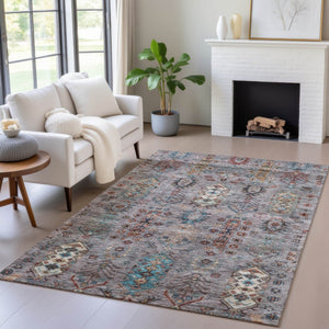 HomeRoots 5' Versatile Gray and Teal Blue Tribal Indoor-Outdoor Area Rug - Stylish, Durable, and Washable! 630160