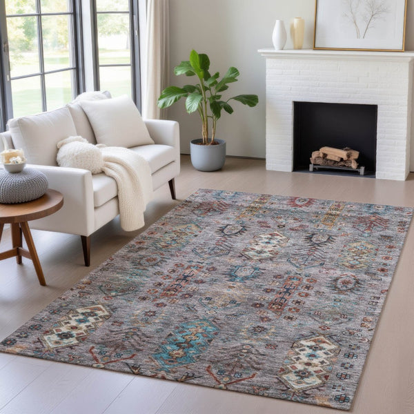 HomeRoots 5' Versatile Gray and Teal Blue Tribal Indoor-Outdoor Area Rug - Stylish, Durable, and Washable! 630160