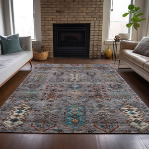 HomeRoots 5' Versatile Gray and Teal Blue Tribal Indoor-Outdoor Area Rug - Stylish, Durable, and Washable! 630160