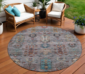 HomeRoots 8' Stylish Gray and Teal Blue Round Tribal Area Rug - Washable, Durable for Indoor/Outdoor Spaces 630161