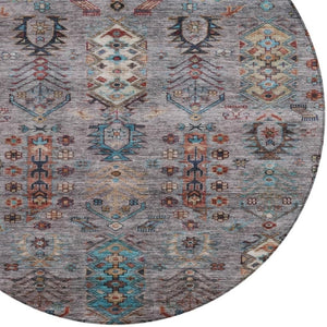 HomeRoots 8' Stylish Gray and Teal Blue Round Tribal Area Rug - Washable, Durable for Indoor/Outdoor Spaces 630161