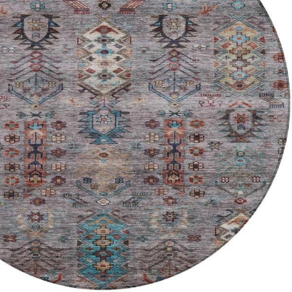 HomeRoots 8' Stylish Gray and Teal Blue Round Tribal Area Rug - Washable, Durable for Indoor/Outdoor Spaces 630161