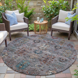 HomeRoots 8' Stylish Gray and Teal Blue Round Tribal Area Rug - Washable, Durable for Indoor/Outdoor Spaces 630161