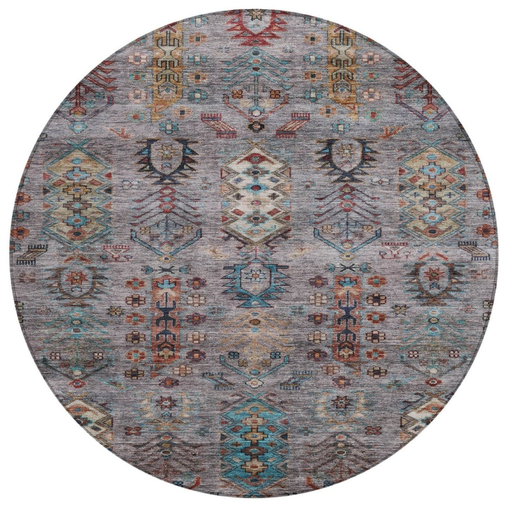 HomeRoots 8' Stylish Gray and Teal Blue Round Tribal Area Rug - Washable, Durable for Indoor/Outdoor Spaces 630161