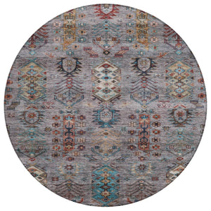 HomeRoots 8' Stylish Gray and Teal Blue Round Tribal Area Rug - Washable, Durable for Indoor/Outdoor Spaces 630161