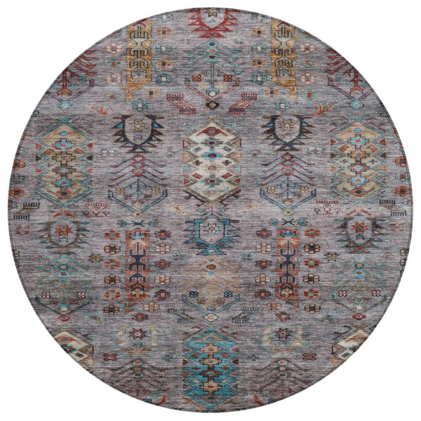 HomeRoots 8' Stylish Gray and Teal Blue Round Tribal Area Rug - Washable, Durable for Indoor/Outdoor Spaces 630161
