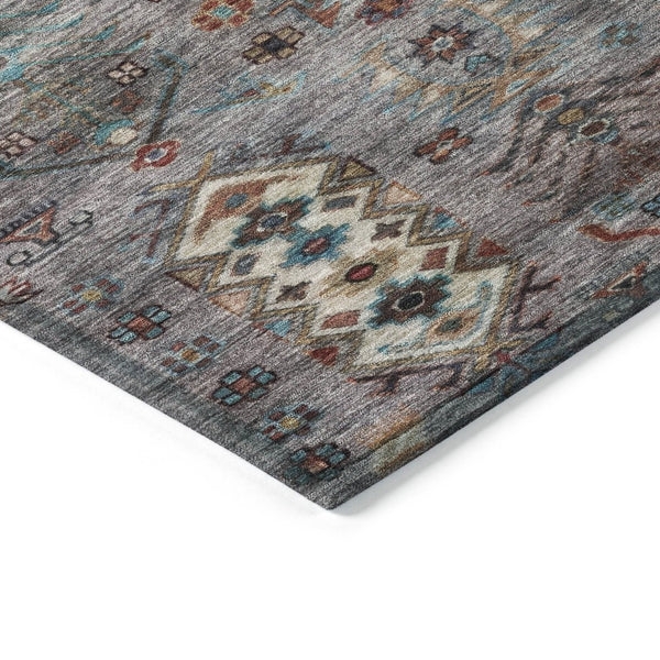 HomeRoots 8' Stylish Gray and Teal Blue Round Tribal Area Rug - Washable, Durable for Indoor/Outdoor Spaces 630161