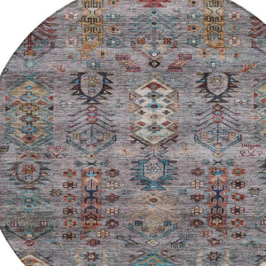 HomeRoots 8' Stylish Gray and Teal Blue Round Tribal Area Rug - Washable, Durable for Indoor/Outdoor Spaces 630161