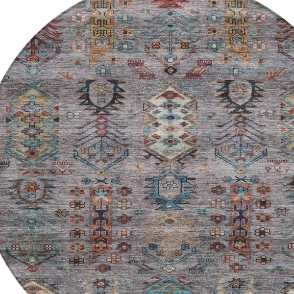 HomeRoots 8' Stylish Gray and Teal Blue Round Tribal Area Rug - Washable, Durable for Indoor/Outdoor Spaces 630161