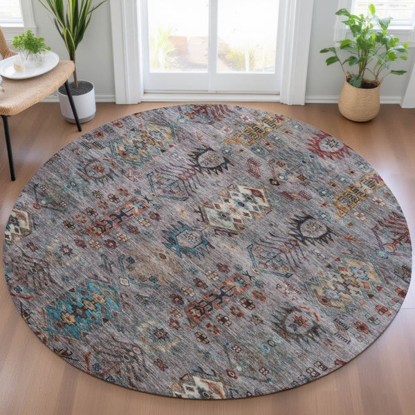 HomeRoots 8' Stylish Gray and Teal Blue Round Tribal Area Rug - Washable, Durable for Indoor/Outdoor Spaces 630161