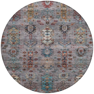 HomeRoots 8' Stylish Gray and Teal Blue Round Tribal Area Rug - Washable, Durable for Indoor/Outdoor Spaces 630161