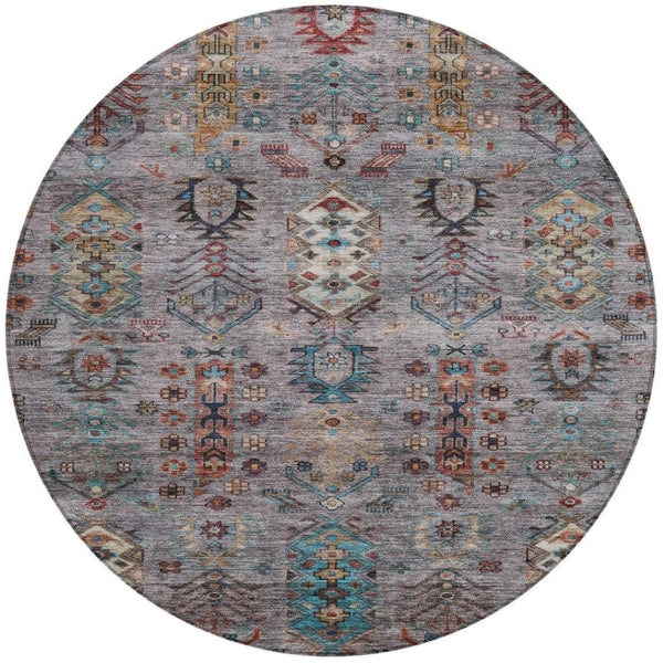 HomeRoots 8' Stylish Gray and Teal Blue Round Tribal Area Rug - Washable, Durable for Indoor/Outdoor Spaces 630161