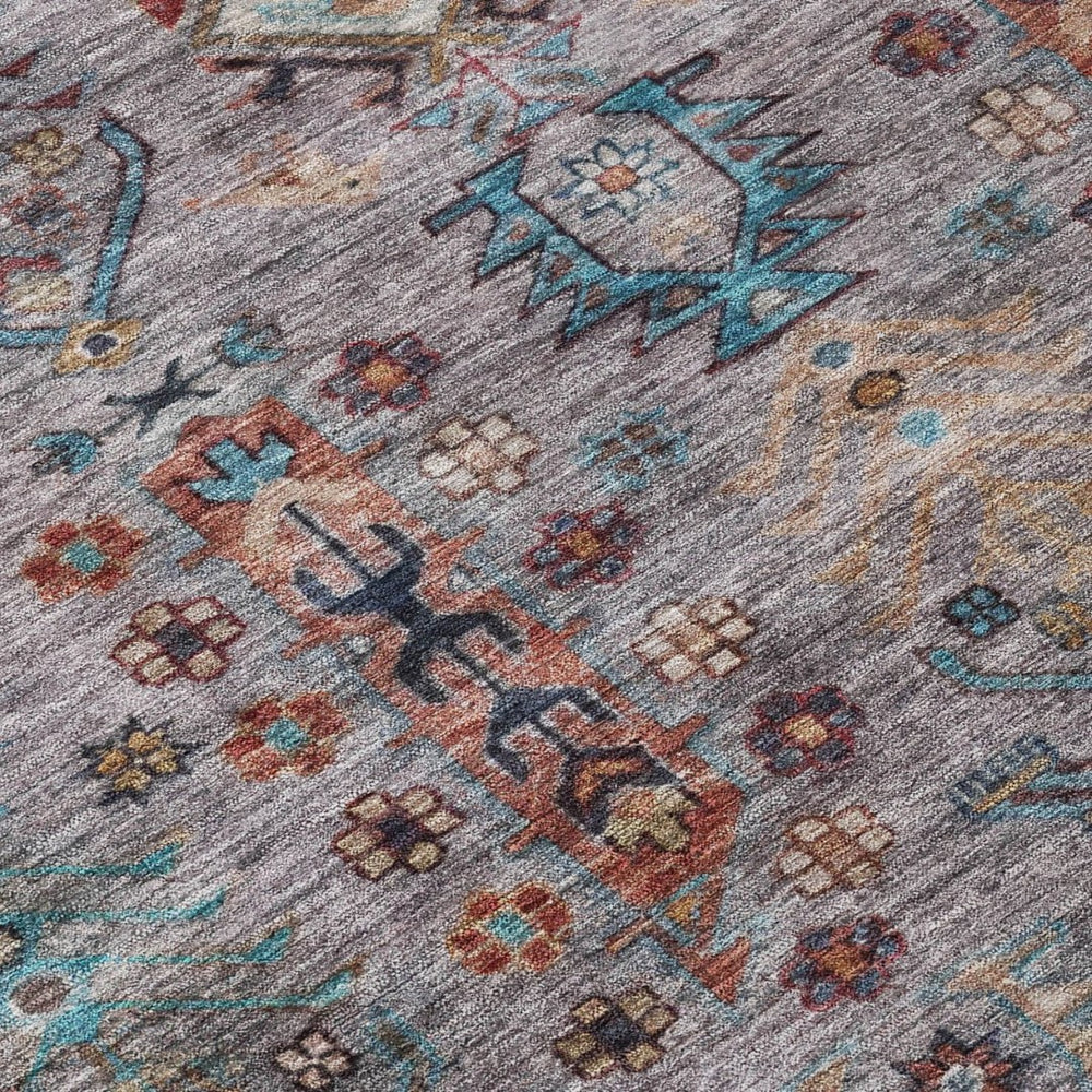 HomeRoots 9' X 12' Gray and Teal Blue Tribal Area Rug - Stylish, Washable, Indoor/Outdoor, Durable & Versatile 630163