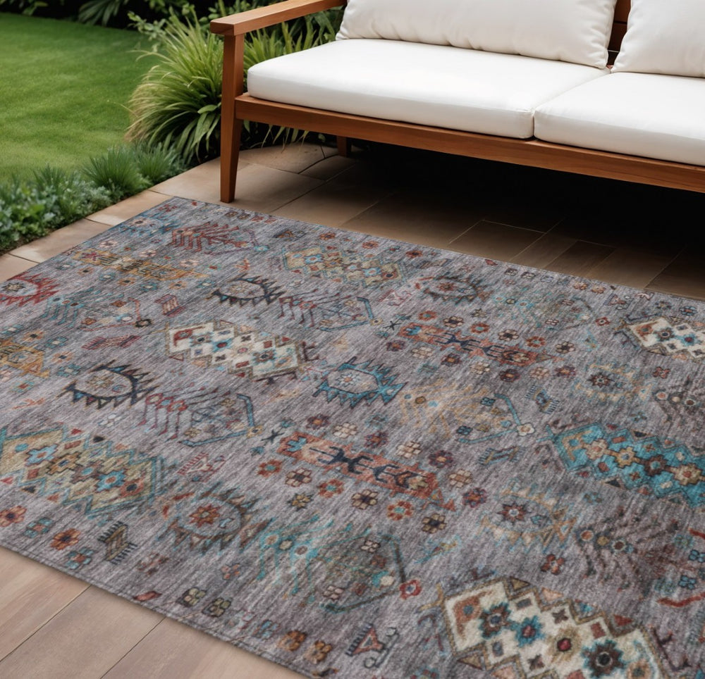 HomeRoots 10' Gray and Teal Blue Tribal Washable Area Rug - Stylish Indoor/Outdoor Décor for High-Traffic Spaces 630164