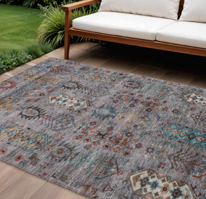 HomeRoots 10' Gray and Teal Blue Tribal Washable Area Rug - Stylish Indoor/Outdoor Décor for High-Traffic Spaces 630164