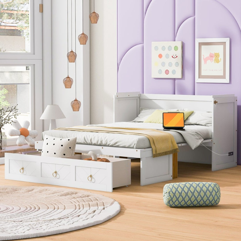 English Elm Queen Murphy Wall Bed with Pull Out Storage Drawer and Built in Usb Charging White LP000428AAK