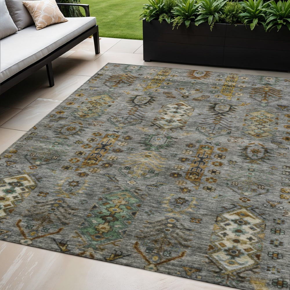 HomeRoots 5' X 8' Tribal Area Rug in Pewter and Gold – Durable, Washable, Stylish for Indoor and Outdoor Use 630166