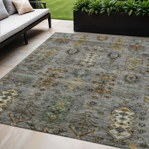 HomeRoots 5' X 8' Tribal Area Rug in Pewter and Gold – Durable, Washable, Stylish for Indoor and Outdoor Use 630166