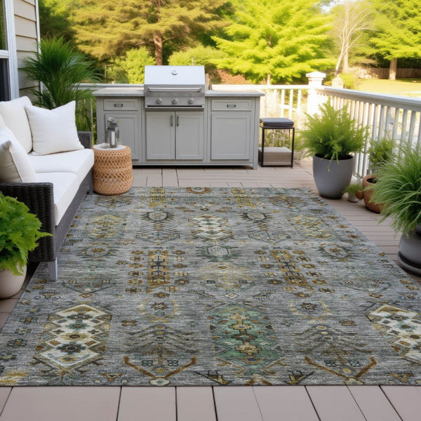 HomeRoots 5' X 8' Tribal Area Rug in Pewter and Gold – Durable, Washable, Stylish for Indoor and Outdoor Use 630166