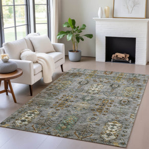 HomeRoots 5' X 8' Tribal Area Rug in Pewter and Gold – Durable, Washable, Stylish for Indoor and Outdoor Use 630166