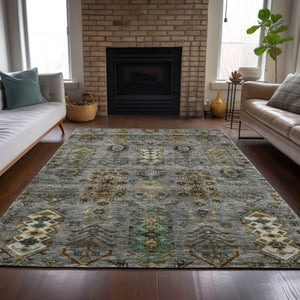 HomeRoots 5' X 8' Tribal Area Rug in Pewter and Gold – Durable, Washable, Stylish for Indoor and Outdoor Use 630166
