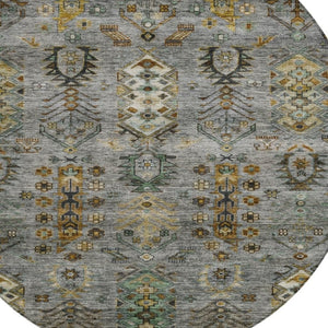 HomeRoots 8' Pewter and Gold Round Tribal Area Rug - Stylish, Washable, Stain-Resistant for Indoor/Outdoor Use 630167
