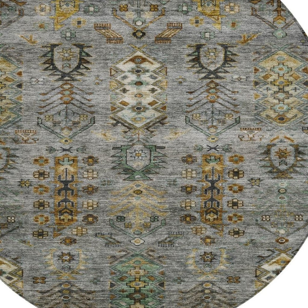HomeRoots 8' Pewter and Gold Round Tribal Area Rug - Stylish, Washable, Stain-Resistant for Indoor/Outdoor Use 630167
