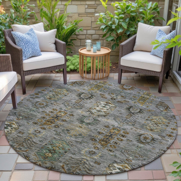 HomeRoots 8' Pewter and Gold Round Tribal Area Rug - Stylish, Washable, Stain-Resistant for Indoor/Outdoor Use 630167
