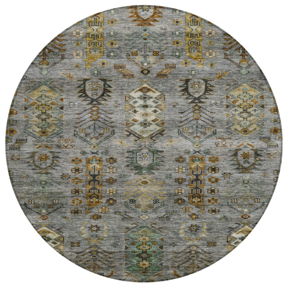 HomeRoots 8' Pewter and Gold Round Tribal Area Rug - Stylish, Washable, Stain-Resistant for Indoor/Outdoor Use 630167
