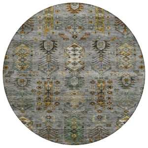 HomeRoots 8' Pewter and Gold Round Tribal Area Rug - Stylish, Washable, Stain-Resistant for Indoor/Outdoor Use 630167