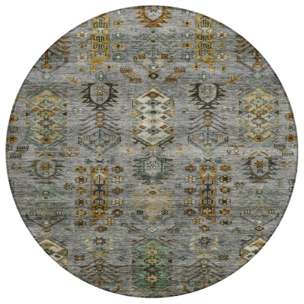 HomeRoots 8' Pewter and Gold Round Tribal Area Rug - Stylish, Washable, Stain-Resistant for Indoor/Outdoor Use 630167