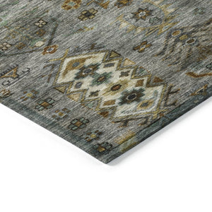 HomeRoots 8' Pewter and Gold Round Tribal Area Rug - Stylish, Washable, Stain-Resistant for Indoor/Outdoor Use 630167