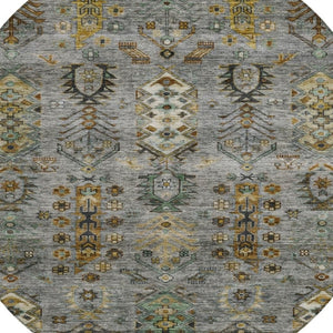 HomeRoots 8' Pewter and Gold Round Tribal Area Rug - Stylish, Washable, Stain-Resistant for Indoor/Outdoor Use 630167