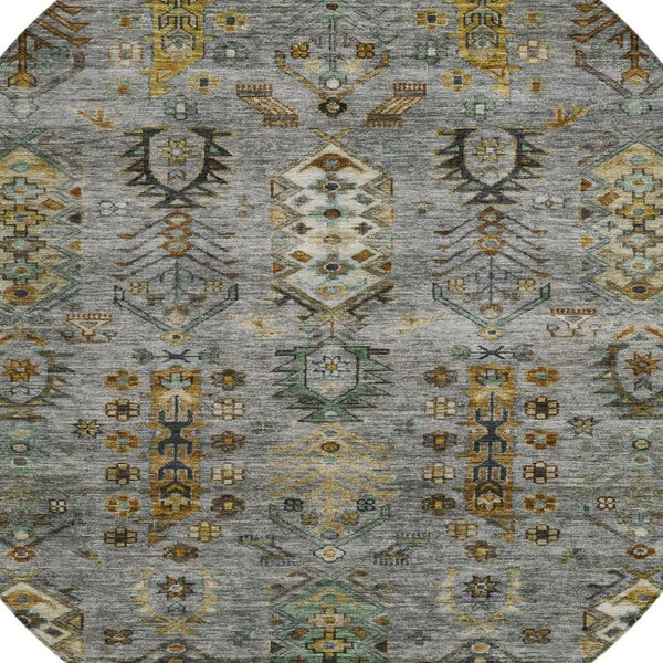 HomeRoots 8' Pewter and Gold Round Tribal Area Rug - Stylish, Washable, Stain-Resistant for Indoor/Outdoor Use 630167