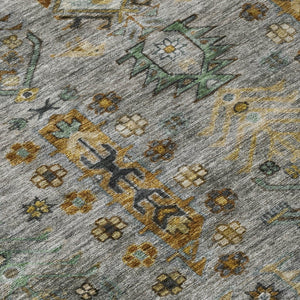 HomeRoots 8' Pewter and Gold Round Tribal Area Rug - Stylish, Washable, Stain-Resistant for Indoor/Outdoor Use 630167