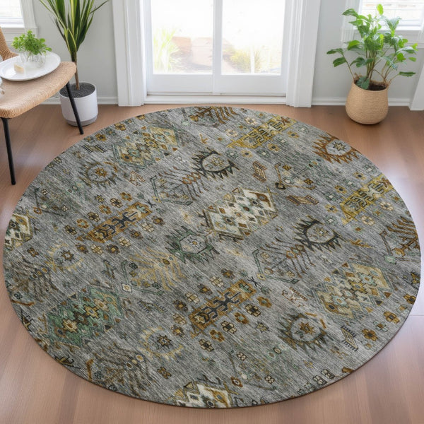 HomeRoots 8' Pewter and Gold Round Tribal Area Rug - Stylish, Washable, Stain-Resistant for Indoor/Outdoor Use 630167