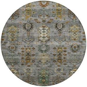 HomeRoots 8' Pewter and Gold Round Tribal Area Rug - Stylish, Washable, Stain-Resistant for Indoor/Outdoor Use 630167