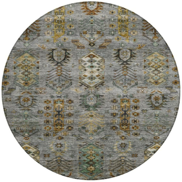 HomeRoots 8' Pewter and Gold Round Tribal Area Rug - Stylish, Washable, Stain-Resistant for Indoor/Outdoor Use 630167